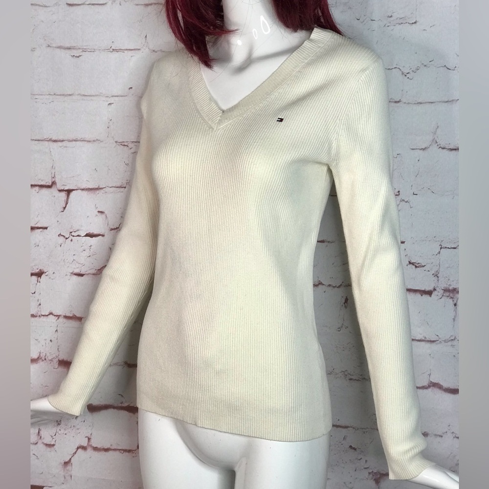 Y2K TOMMY HILFIGER Cream Ribbed Knit Preppy   V-Neck Long Sleeve Top Size Medium - Picture 4 of 13